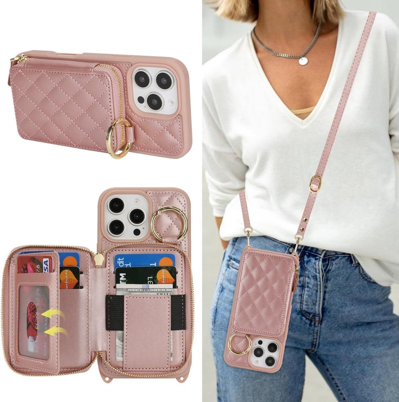 Hamany Crossbody Wallet Case for iPhone 16 Pro Max, PU Leather Zipper Handbag Purse Flip Cover, Kickstand Folio Case with Card Slots Holder Wrist Strap Lanyard 5G 6.9 Inch-Rose Gold - Image 1